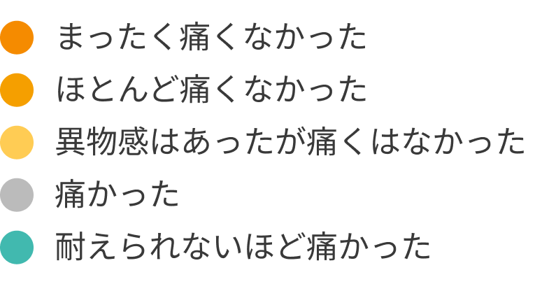 まったく痛くなかった 62%  ほとんど痛くなかった 18%  異物感はあったが痛くはなかった 16%  痛かった 4%  耐えられないほど痛かった 0%